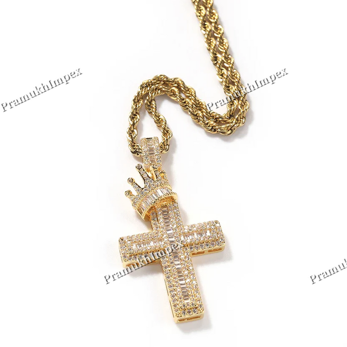 925 Silver Cross With Crown Moissanite Set Pendant For Men's