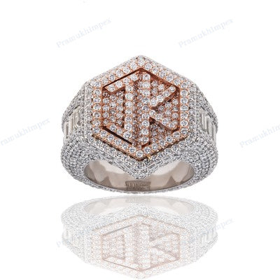 Two Tone Hexagon Design Custom Name JK Hip Hop Ring