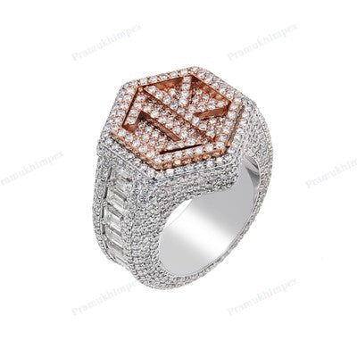 Two Tone Hexagon Design Custom Name JK Hip Hop Ring