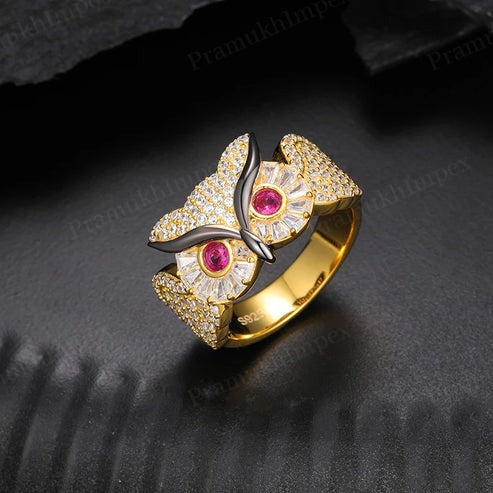 Personalized Gifts Sterling Silver gold Plated Moissanite Owl Ring For Men's