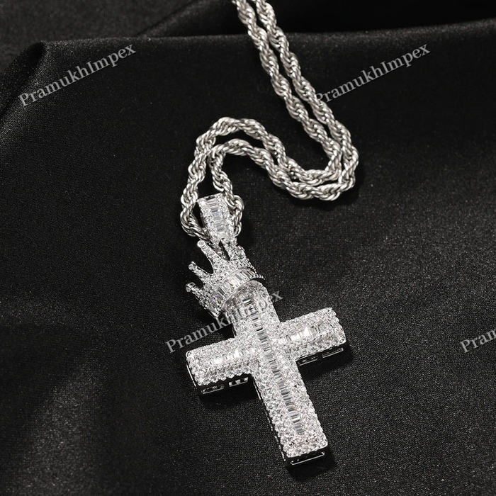 925 Silver Cross With Crown Moissanite Set Pendant For Men's