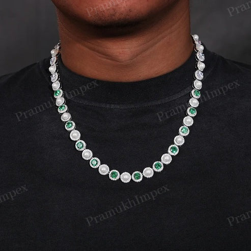 Emerald Green Stone (CZ) And Moissanite 9.5mm Sterling Silver Pearl Tennis Chain