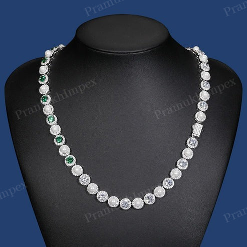 Emerald Green Stone (CZ) And Moissanite 9.5mm Sterling Silver Pearl Tennis Chain