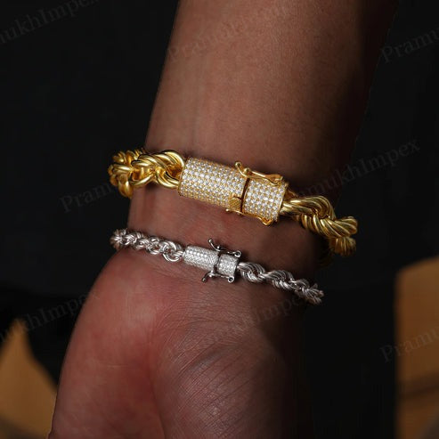 Yellow Gold Plated Hip Hop Twisted Rope Gold Bracelet with Iced Out Clasp