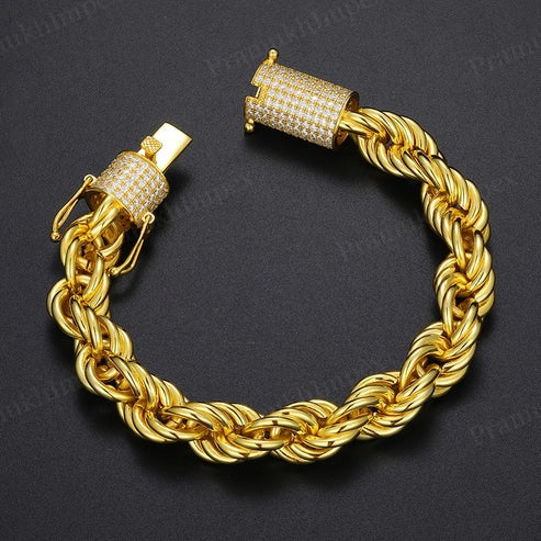 Yellow Gold Plated Hip Hop Twisted Rope Gold Bracelet with Iced Out Clasp