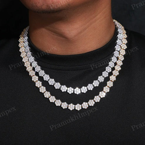 925 Sterling Silver Gold Plated 10mm Moissanite Hexagonal Chain