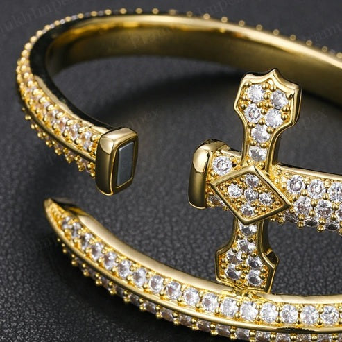 Sterling Silver VVS Moissanite Yellow Gold Plated Iced Out Cross Bangle