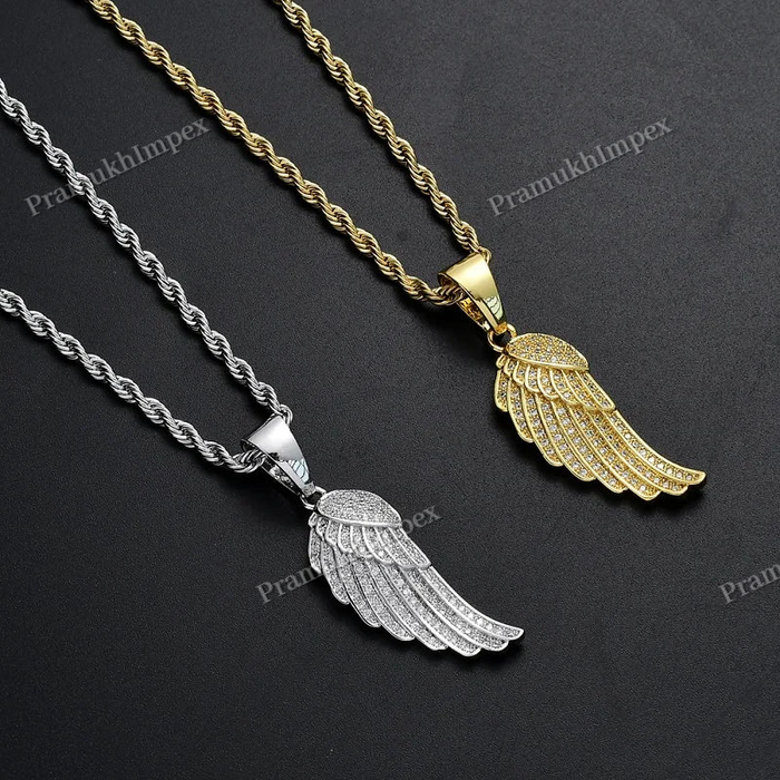 Natural Diamond 925 Silver Gold Plated Feather Wing Pendant