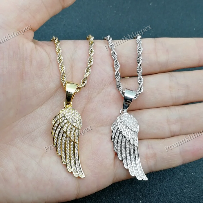 Natural Diamond 925 Silver Gold Plated Feather Wing Pendant