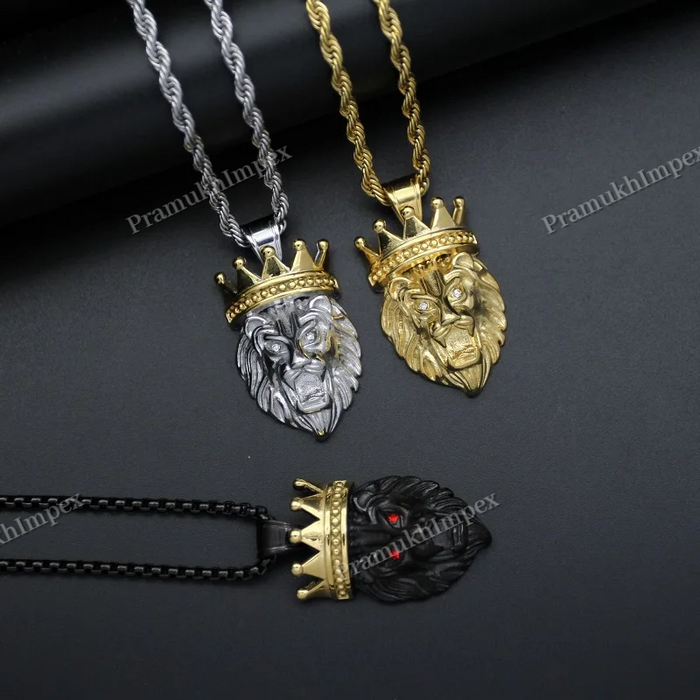 Customized Two tone Crowned Lion Head Pendant For Men's