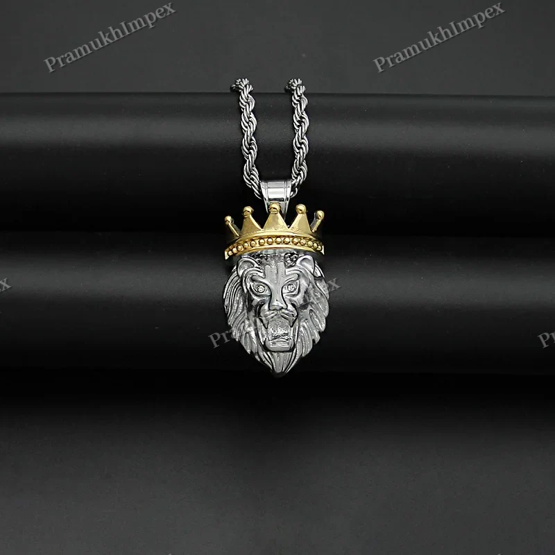 Customized Two tone Crowned Lion Head Pendant For Men's