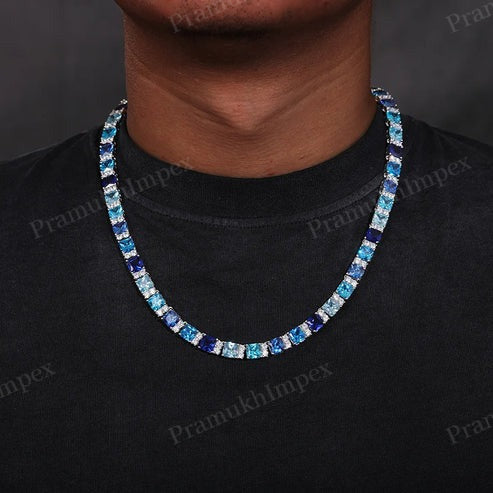 7.5mm Cluster Moissanite And Lab Created Sapphire Tennis Chain in Silver