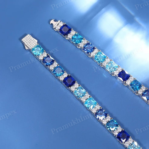 7.5mm Cluster Moissanite And Lab Created Sapphire Tennis Chain in Silver