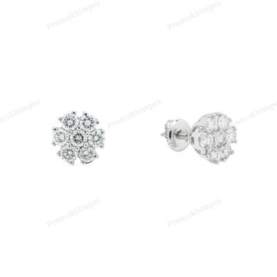 Floral Design Round shape Moissanite Diamond Silver Earrings