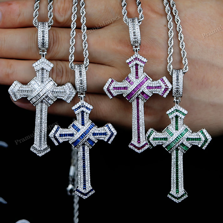 Iced Out Baguette Coloured Cross Pendant