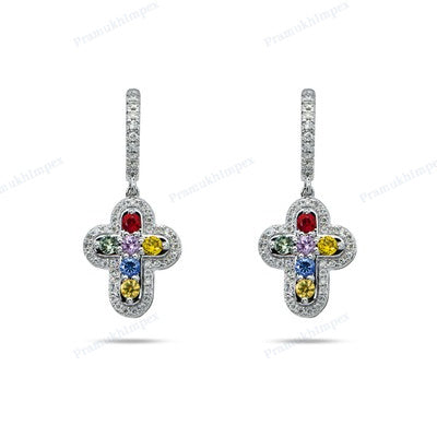 Multi color Diamond 925 Sterling Silver Cross Design Earrings