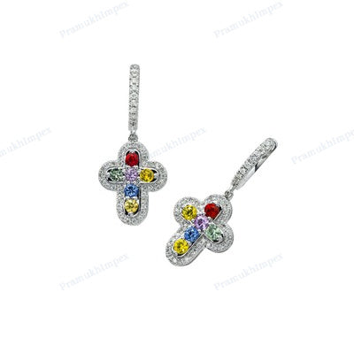 Multi color Diamond 925 Sterling Silver Cross Design Earrings