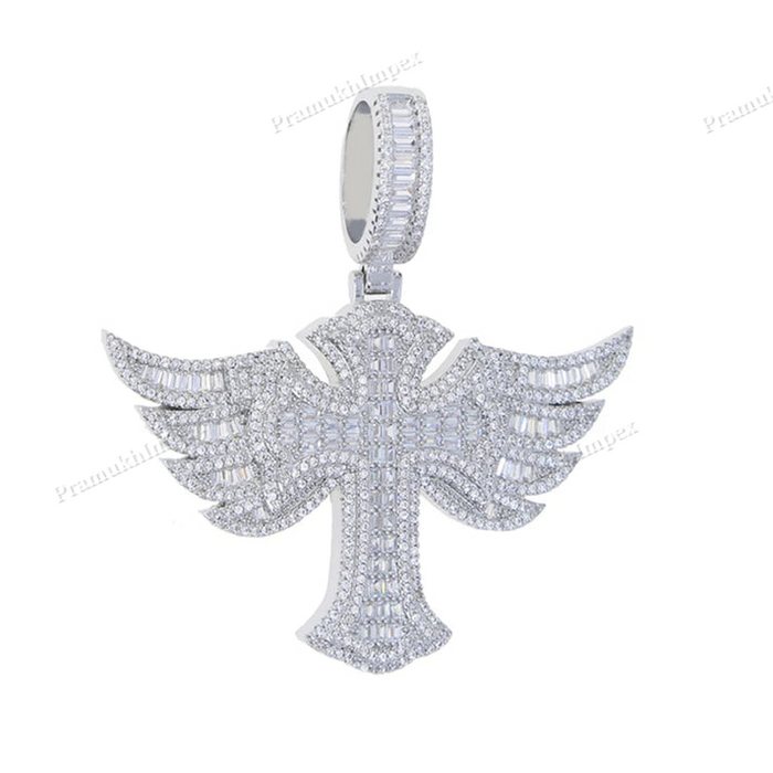 Moissanite Sterling Silver Baguette Wing Cross Pendant