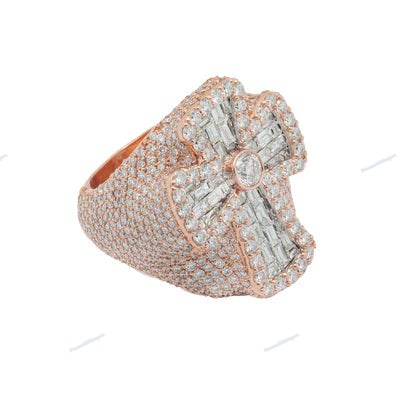 Fully Iced Out Rose Gold Moissanite Silver Cross Design Ring