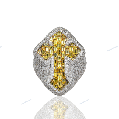 Yellow Diamond Set Moissanite Silver Cross Hip Hop Ring