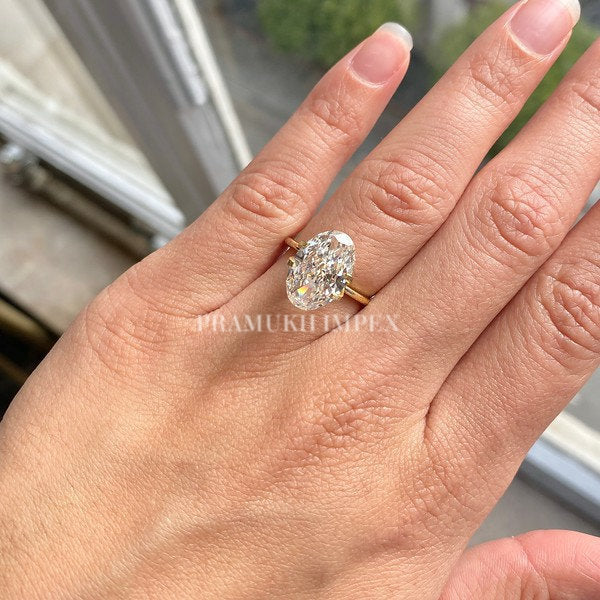 Oval shape Moissanite Engagement Ring, 3.77ct Solid 14K Yellow Gold, promise ring, forever one, Unique Design Man Made Diamond Wedding Ring