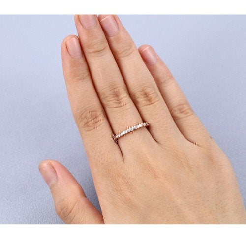 0.35 ct Rose gold wedding band vintage Baguette cut Moissanite wedding band women Half eternity Stacking Matching bridal promise gift