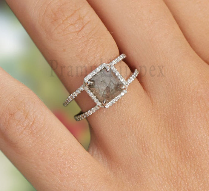 1.67ct Cushion Salt and Pepper ring moissanite eternity Engagement Rings weeding dainity promise ring art deco simple vintage unique ring