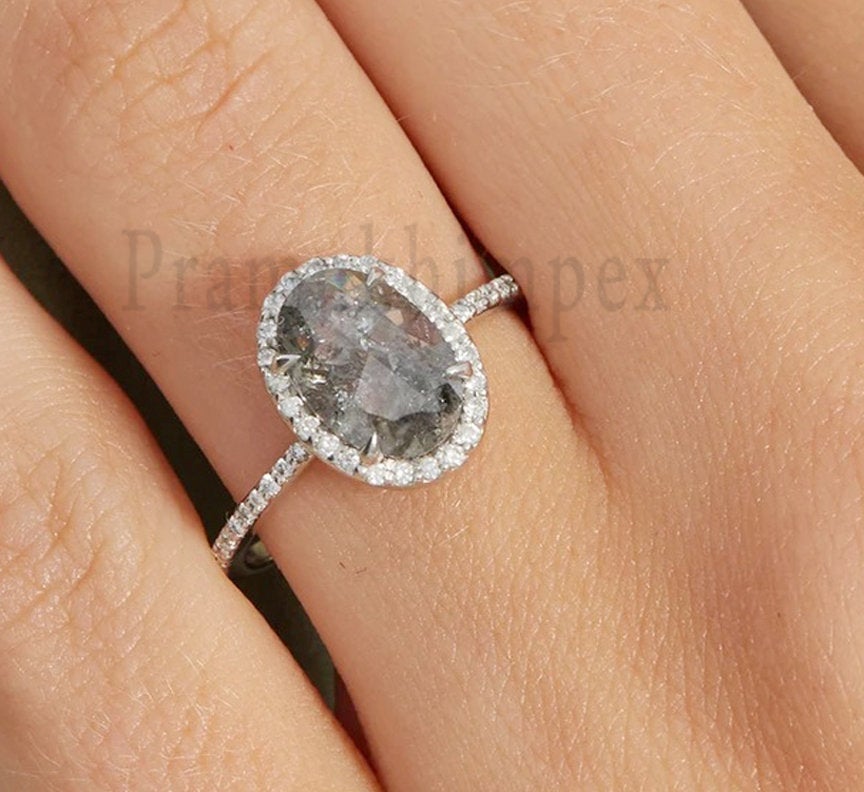 1.59 ct Oval Salt and Pepper Diamond Engagement Ring 14k White Gold Oval Grey Diamond Ring weeding promise ring  anniversary gift for her