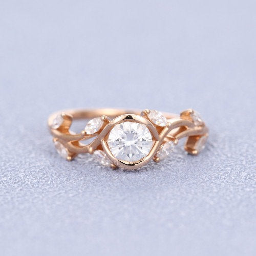 Vintage Moissanite engagement ring leaf flower ring alternative ring rose gold ring art deco promise ring prong set unique anniversary ring - pramukhimpex