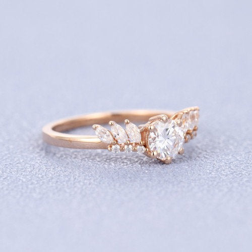 Round Vintage Moissanite Marquise cut Wedding Band Rose Gold engagement band Women half eternity band promise ring anniversary band ring - pramukhimpex