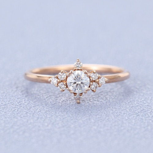 Classic Moissanite rose gold ring unique engagement ring vintage side stone Round shaped ring anniversary gift proposal ring christmas gift - pramukhimpex