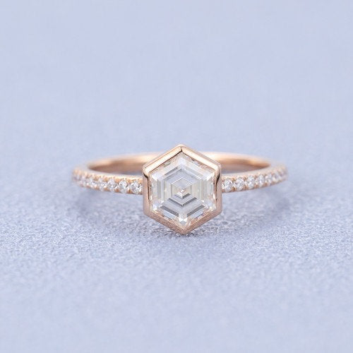 Hexagon shaped wedding ring women vintage rose gold Exquisite moissanite engagement ring unique Bridal Stacking promise gift - pramukhimpex