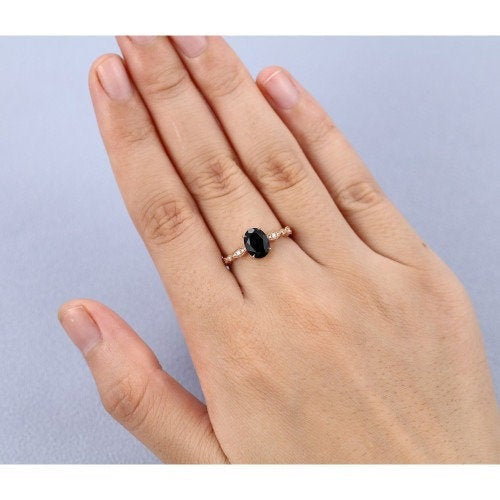 Black Onyx engagement ring vintage Rose gold engagement ring for women art deco Oval cut Moissanite wedding Anniversary gift - pramukhimpex